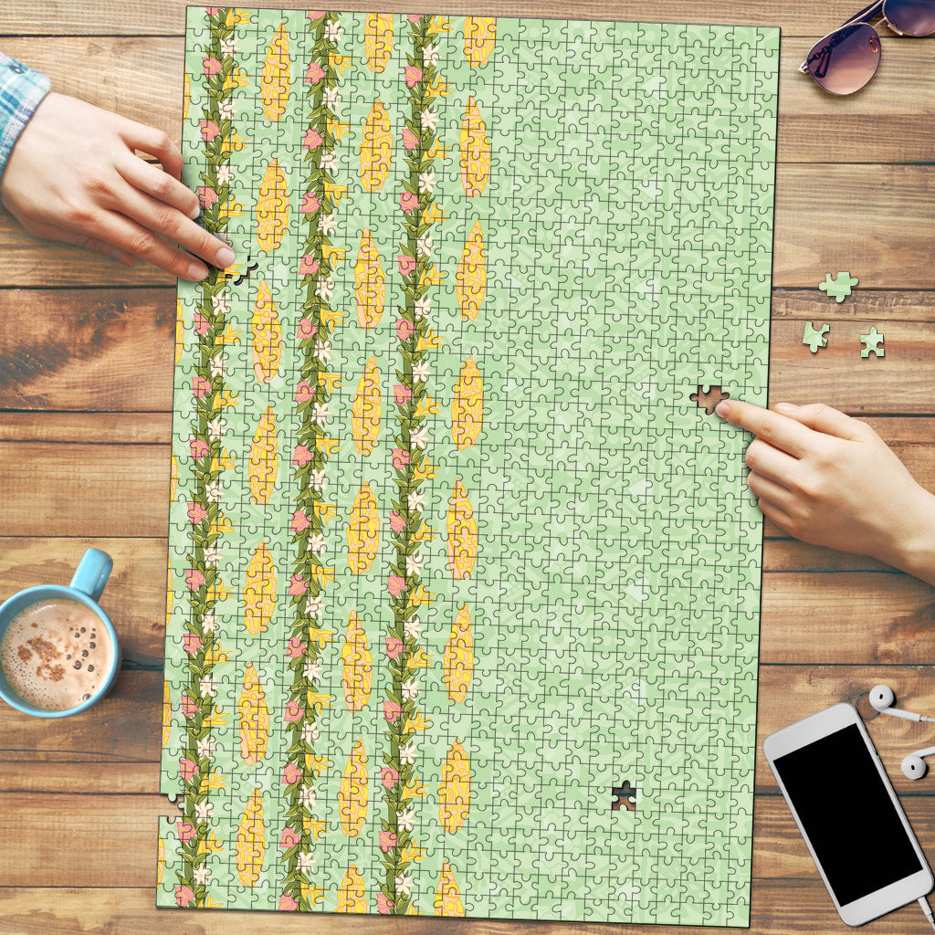 Hawaii Shell Tiare Anthurium Heliconia Lei Puzzle With Tapa Pattern Baby Green LT05 Green - Polynesian Pride