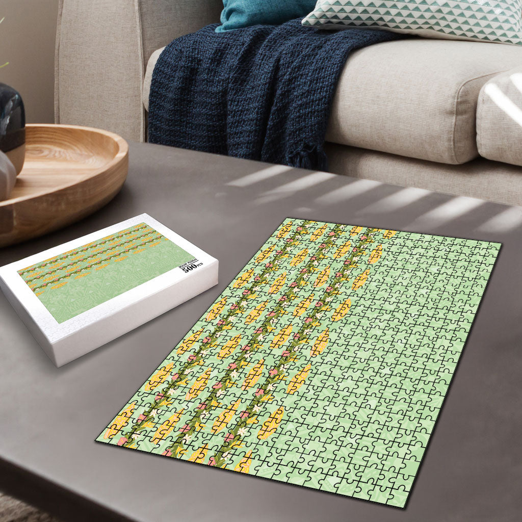 Hawaii Shell Tiare Anthurium Heliconia Lei Puzzle With Tapa Pattern Baby Green LT05 - Polynesian Pride