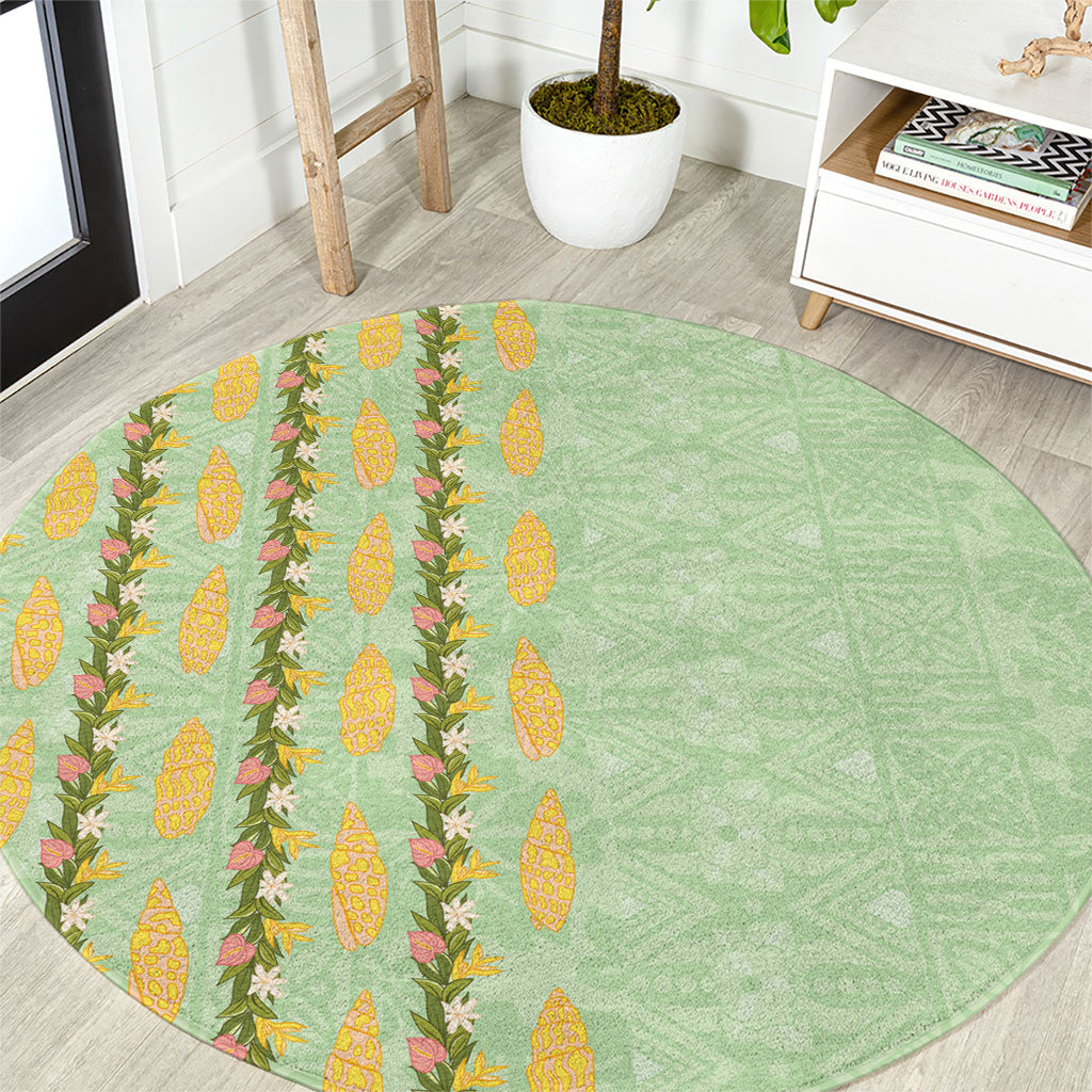 Hawaii Shell Tiare Anthurium Heliconia Lei Round Carpet With Tapa Pattern Baby Green LT05 Green - Polynesian Pride
