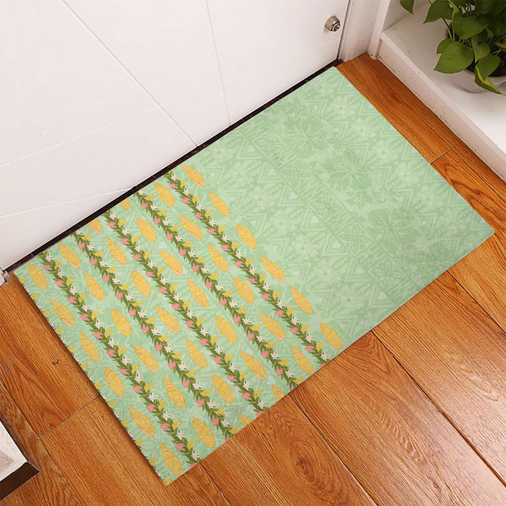 Hawaii Shell Tiare Anthurium Heliconia Lei Rubber Doormat With Tapa Pattern Baby Green LT05 - Polynesian Pride