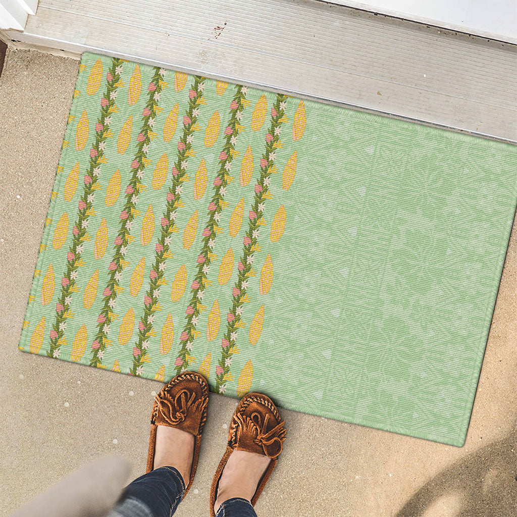 Hawaii Shell Tiare Anthurium Heliconia Lei Rubber Doormat With Tapa Pattern Baby Green LT05 - Polynesian Pride