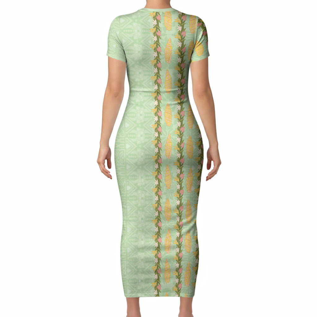 Hawaii Shell Tiare Anthurium Heliconia Lei Short Sleeve Bodycon Dress With Tapa Pattern Baby Green LT05 - Polynesian Pride
