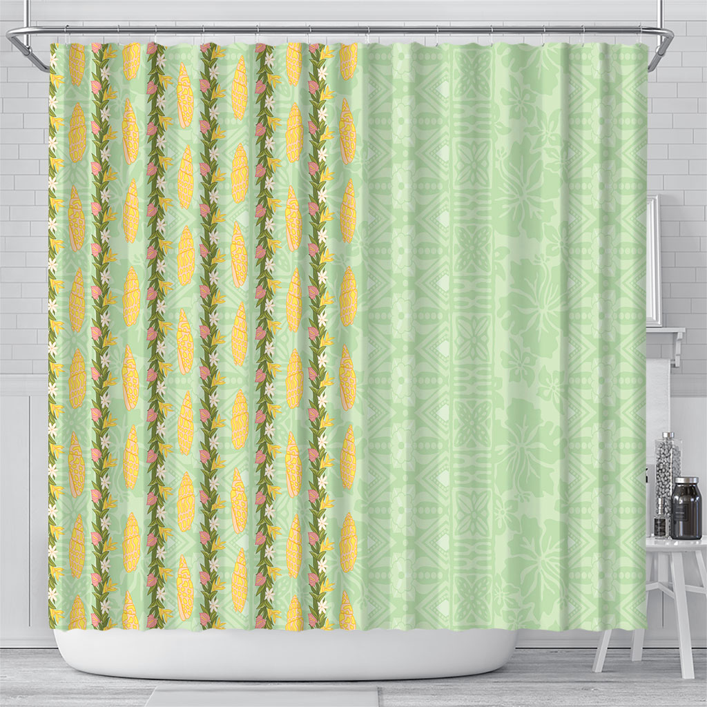 Hawaii Shell Tiare Anthurium Heliconia Lei Shower Curtain With Tapa Pattern Baby Green LT05 - Polynesian Pride