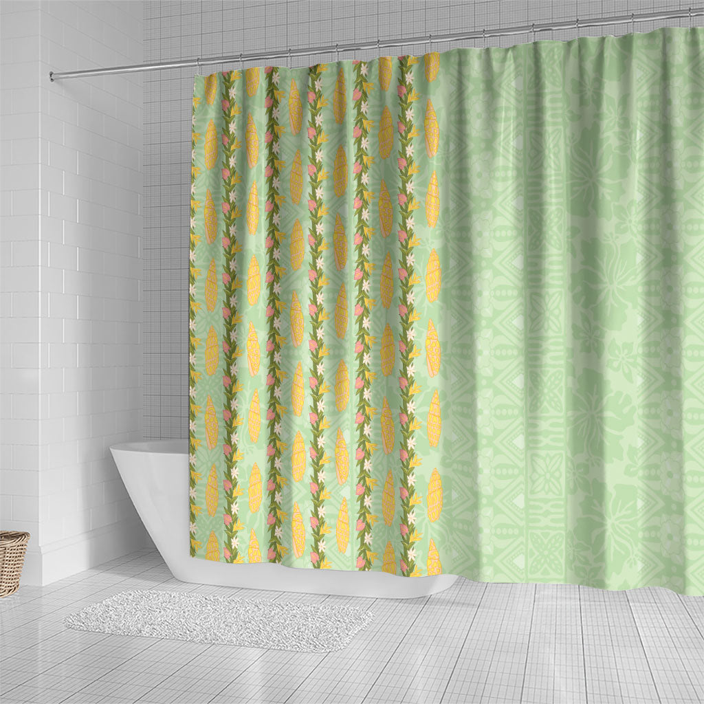 Hawaii Shell Tiare Anthurium Heliconia Lei Shower Curtain With Tapa Pattern Baby Green LT05 - Polynesian Pride