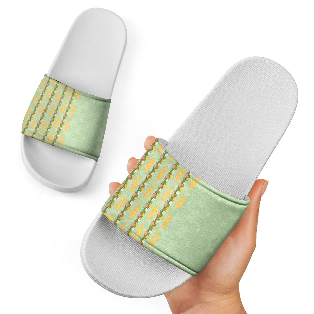 Hawaii Shell Tiare Anthurium Heliconia Lei Slide Sandals With Tapa Pattern Baby Green LT05 - Polynesian Pride