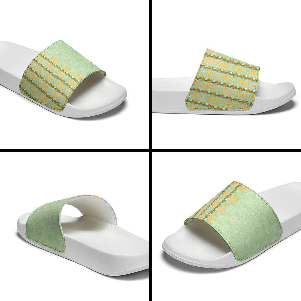 Hawaii Shell Tiare Anthurium Heliconia Lei Slide Sandals With Tapa Pattern Baby Green LT05 - Polynesian Pride
