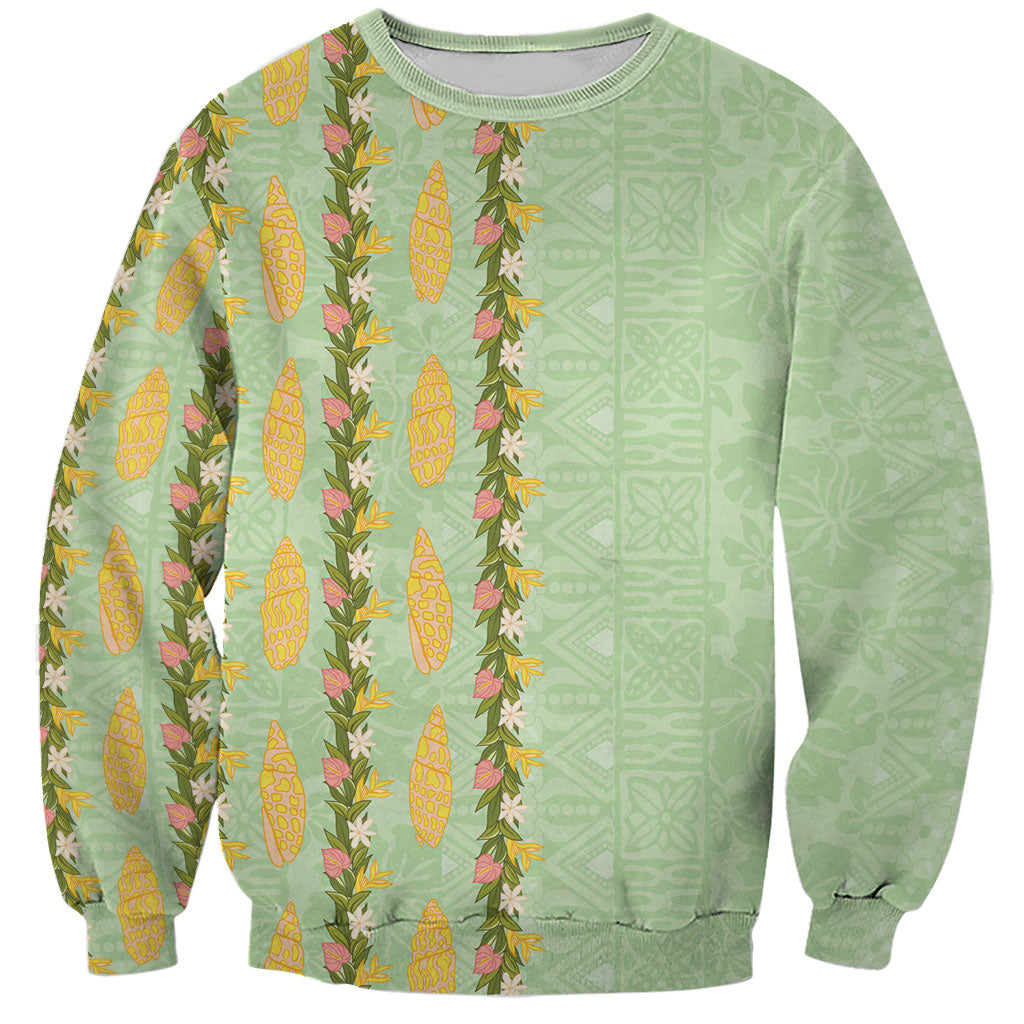 Hawaii Shell Tiare Anthurium Heliconia Lei Sweatshirt With Tapa Pattern Baby Green LT05 Unisex Green - Polynesian Pride