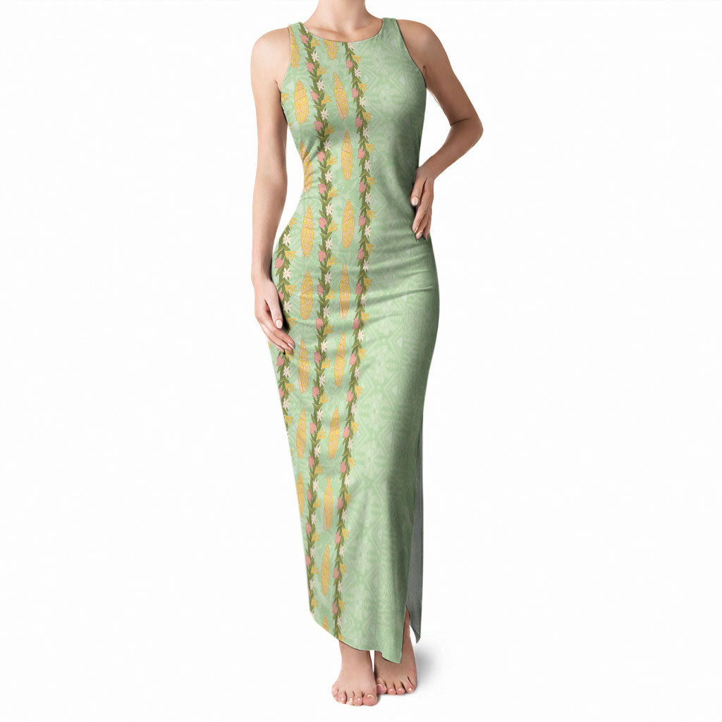 Hawaii Shell Tiare Anthurium Heliconia Lei Tank Maxi Dress With Tapa Pattern Baby Green LT05 Women Green - Polynesian Pride