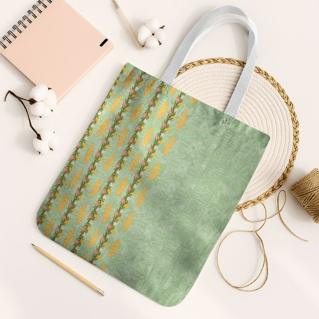 Hawaii Shell Tiare Anthurium Heliconia Lei Tote Bag With Tapa Pattern Baby Green LT05 White Strap One Size Green - Polynesian Pride