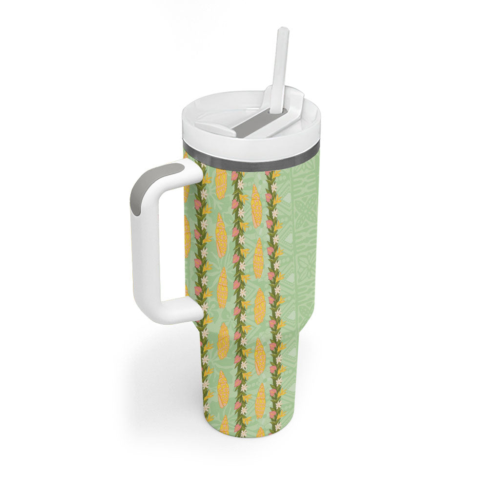 Hawaii Shell Tiare Anthurium Heliconia Lei Tumbler With Handle With Tapa Pattern Baby Green LT05 - Polynesian Pride