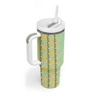 Hawaii Shell Tiare Anthurium Heliconia Lei Tumbler With Handle With Tapa Pattern Baby Green LT05 - Polynesian Pride