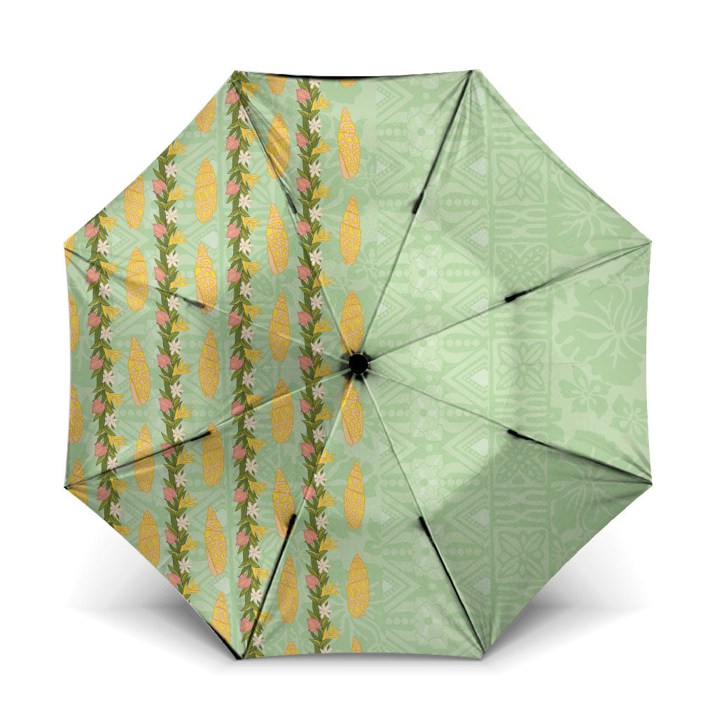 Hawaii Shell Tiare Anthurium Heliconia Lei Umbrella With Tapa Pattern Baby Green LT05 One Size Folded 11.42 inch Opened Diameter 37.4 inch Green - Polynesian Pride