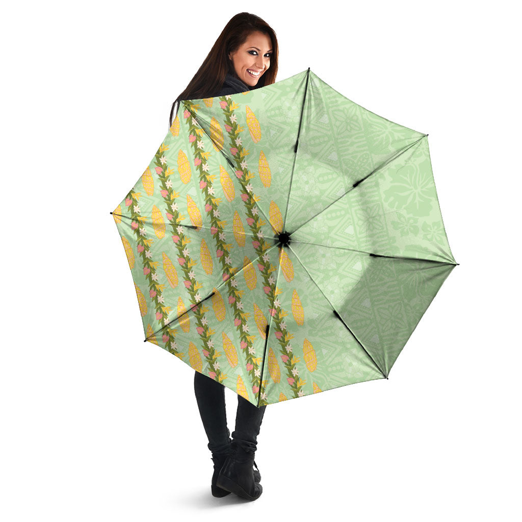 Hawaii Shell Tiare Anthurium Heliconia Lei Umbrella With Tapa Pattern Baby Green LT05 - Polynesian Pride