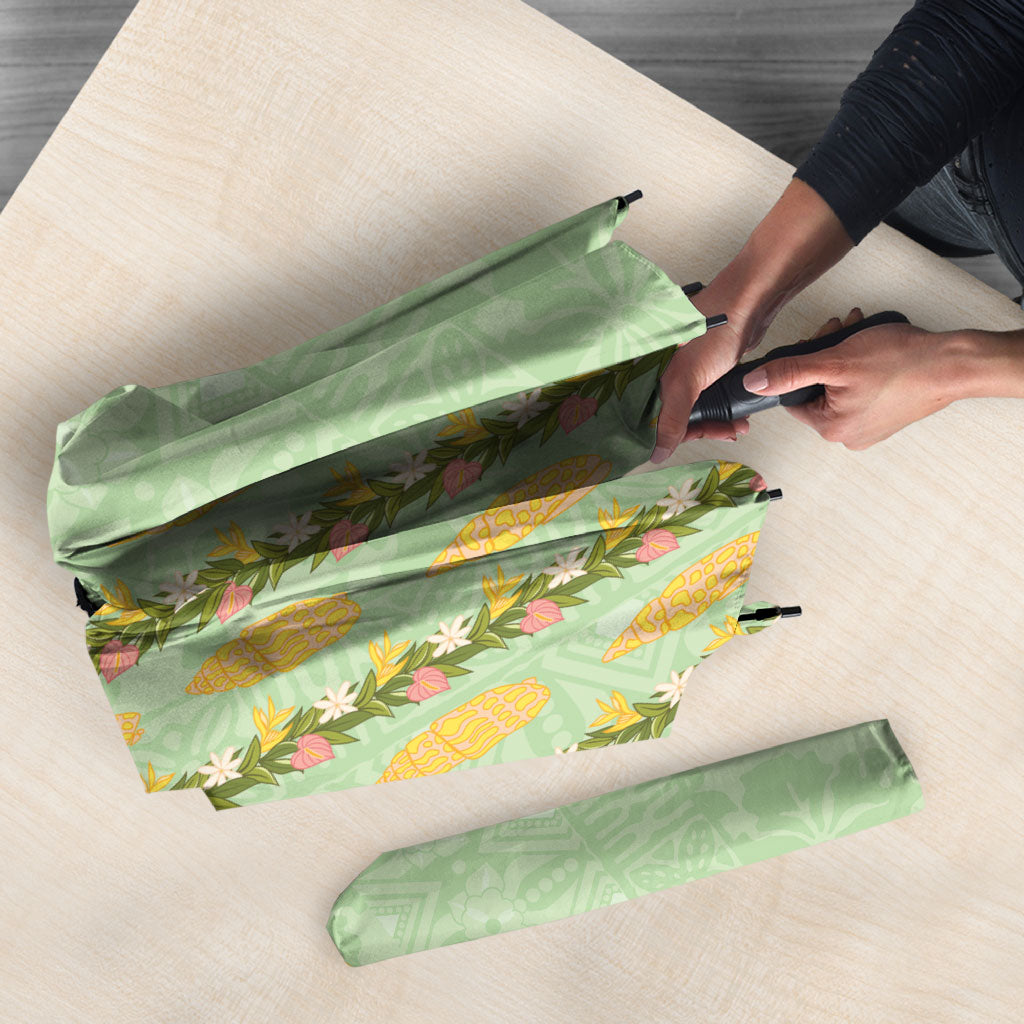 Hawaii Shell Tiare Anthurium Heliconia Lei Umbrella With Tapa Pattern Baby Green LT05 - Polynesian Pride