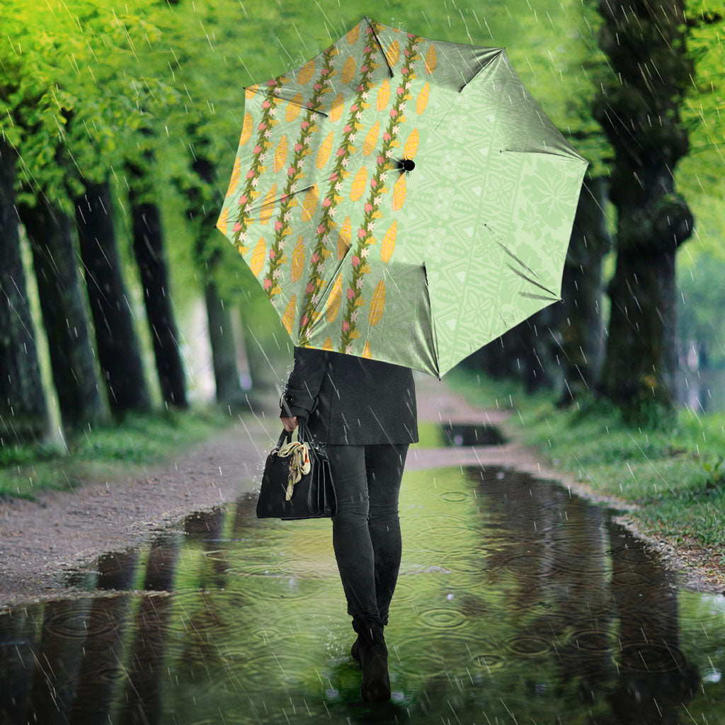 Hawaii Shell Tiare Anthurium Heliconia Lei Umbrella With Tapa Pattern Baby Green LT05 - Polynesian Pride