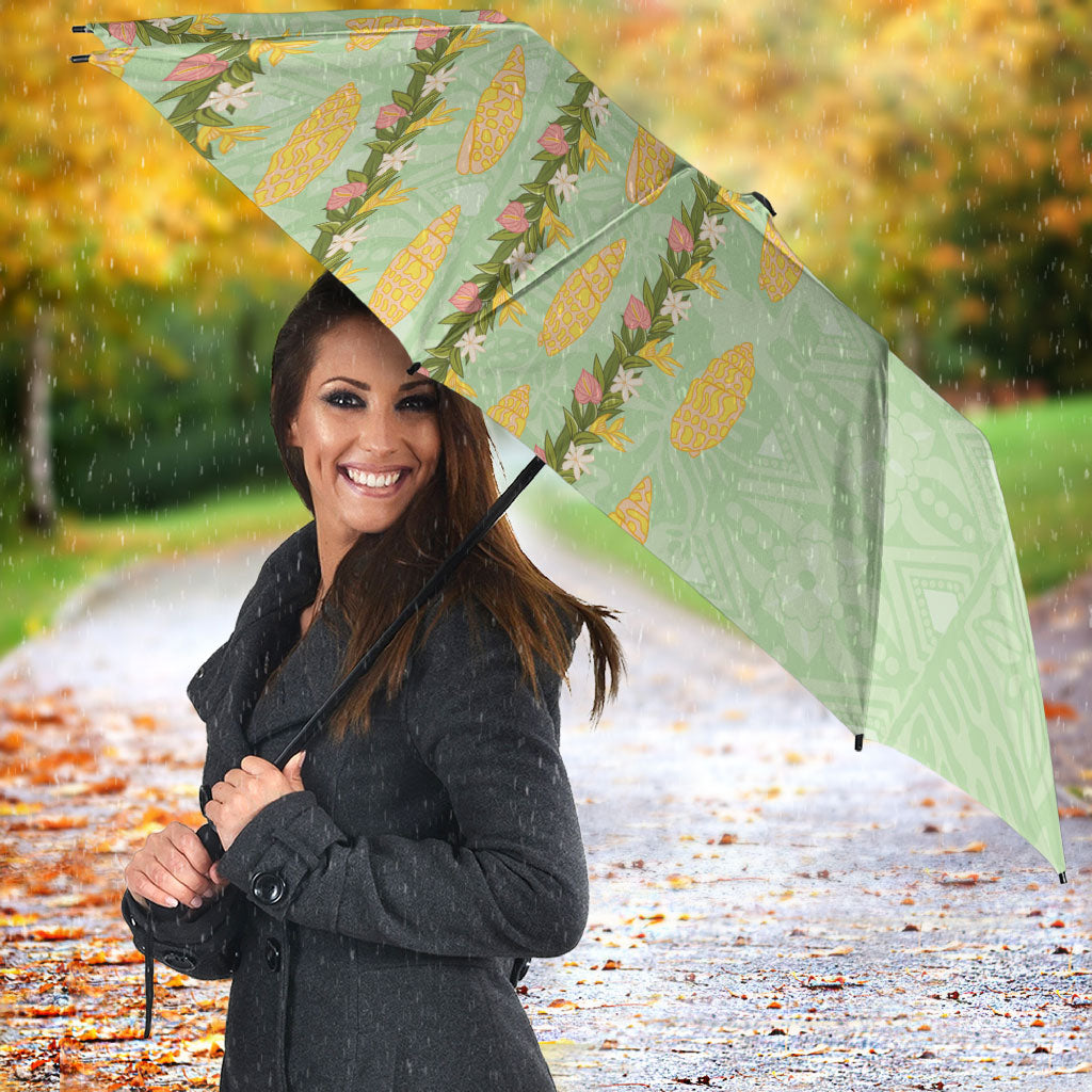 Hawaii Shell Tiare Anthurium Heliconia Lei Umbrella With Tapa Pattern Baby Green LT05 - Polynesian Pride