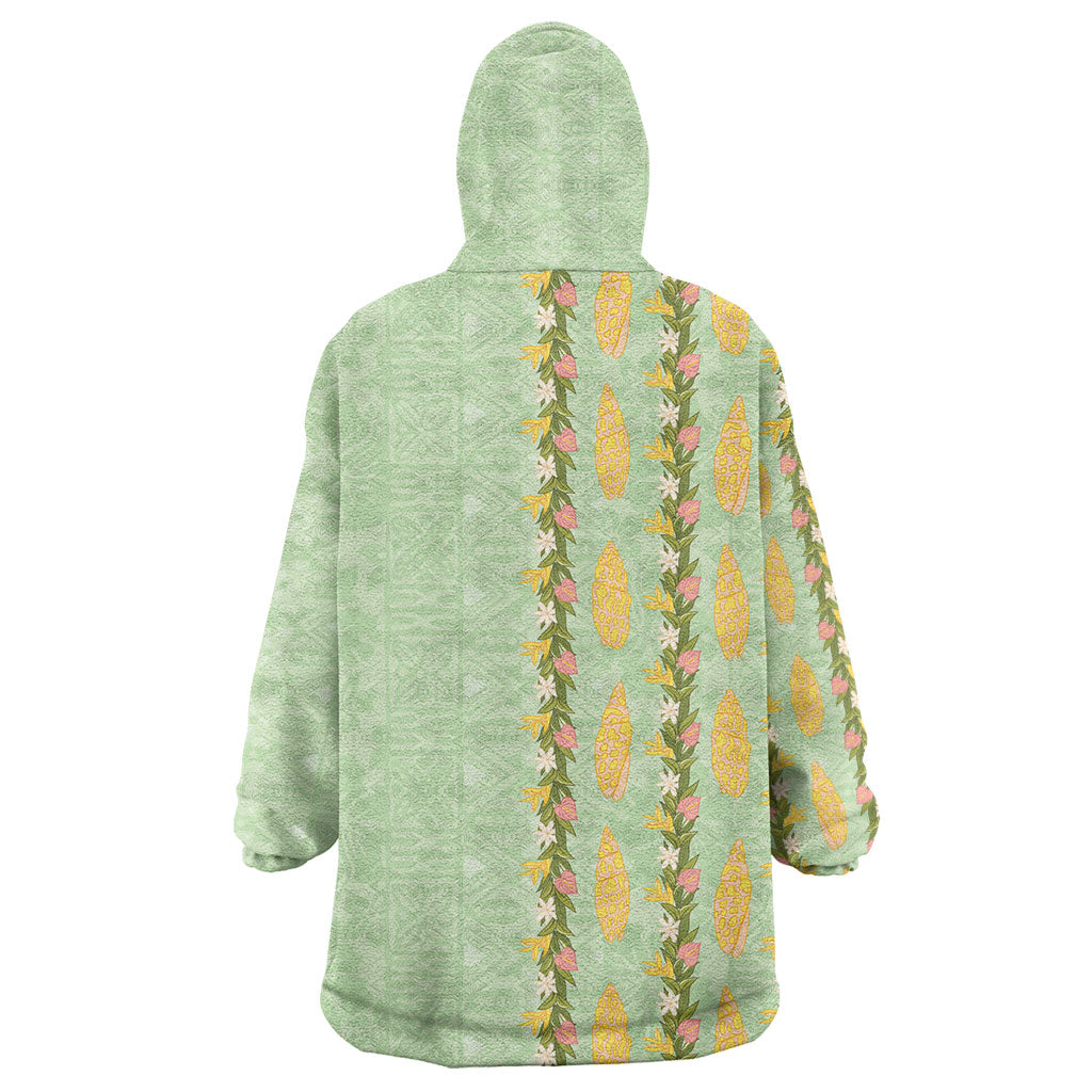 Hawaii Shell Tiare Anthurium Heliconia Lei Wearable Blanket Hoodie With Tapa Pattern Baby Green LT05 - Polynesian Pride