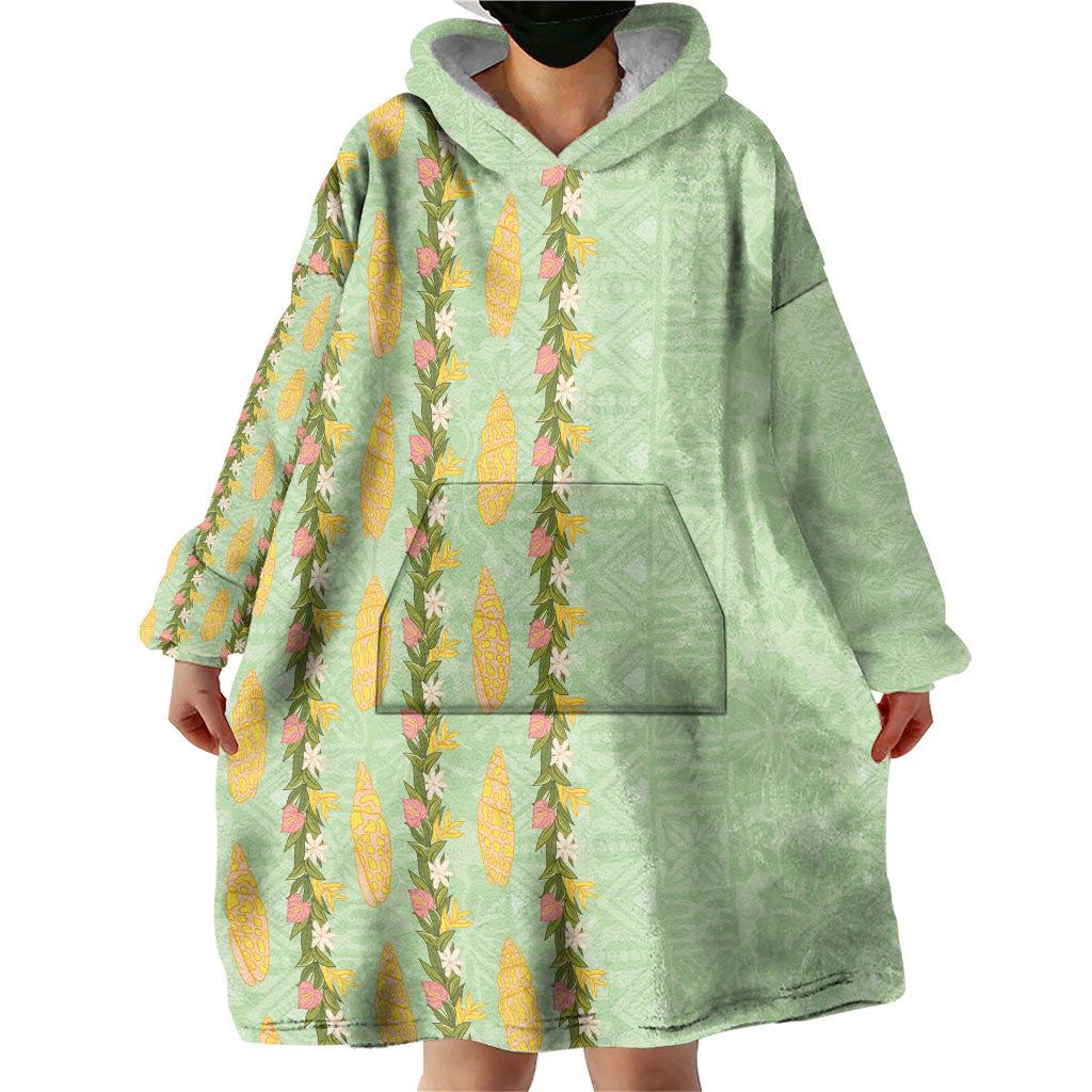 Hawaii Shell Tiare Anthurium Heliconia Lei Wearable Blanket Hoodie With Tapa Pattern Baby Green LT05 - Polynesian Pride