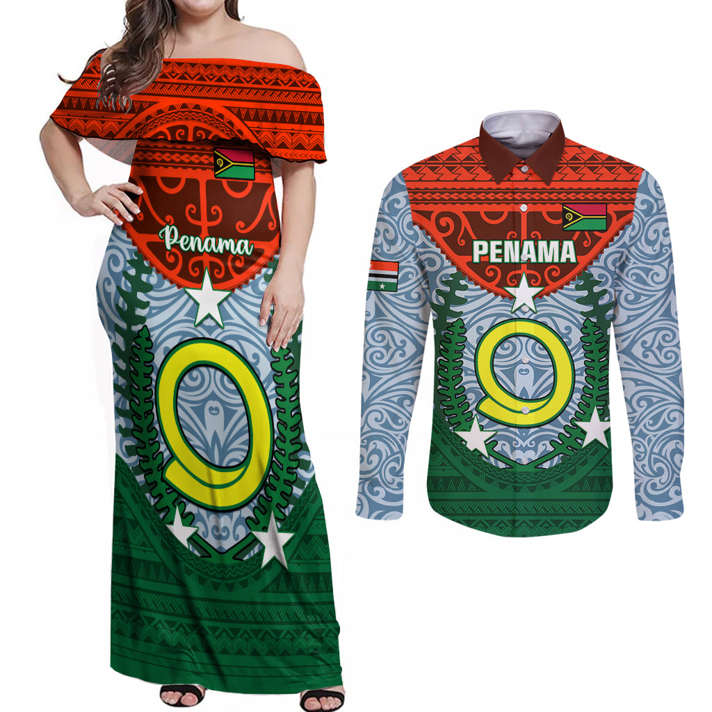 Personalized Vanuatu Penama Province Couples Matching Off Shoulder Maxi Dress and Long Sleeve Button Shirts Vanuatuan Coat Of Arms Polynesian Pattern LT05 Green - Polynesian Pride