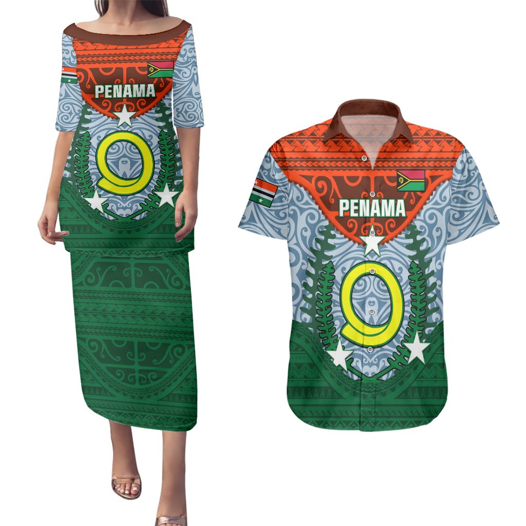 Personalized Vanuatu Penama Province Couples Matching Puletasi Dress and Hawaiian Shirt Vanuatuan Coat Of Arms Polynesian Pattern LT05 Green - Polynesian Pride