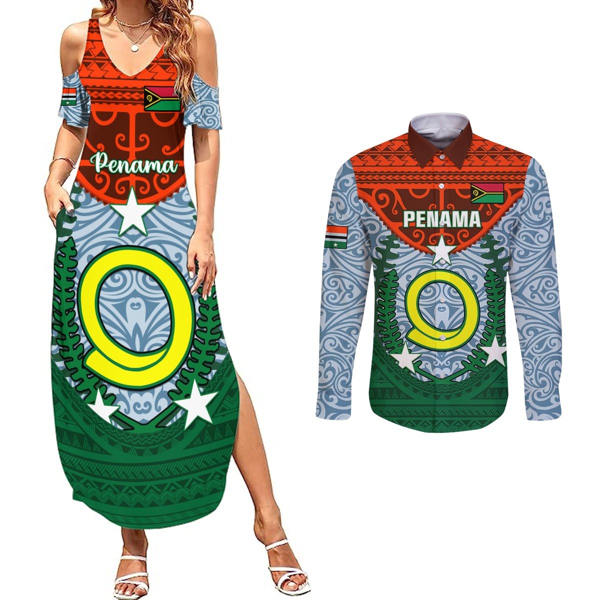 Personalized Vanuatu Penama Province Couples Matching Summer Maxi Dress and Long Sleeve Button Shirts Vanuatuan Coat Of Arms Polynesian Pattern LT05 Green - Polynesian Pride