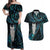 New Zealand Aotearoa Couples Matching Off Shoulder Maxi Dress and Hawaiian Shirt Maori Tane Te Waiora Paua Shell Glitter Turquoise