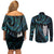 New Zealand Aotearoa Couples Matching Off Shoulder Short Dress and Long Sleeve Button Shirt Maori Tane Te Waiora Paua Shell Glitter Turquoise