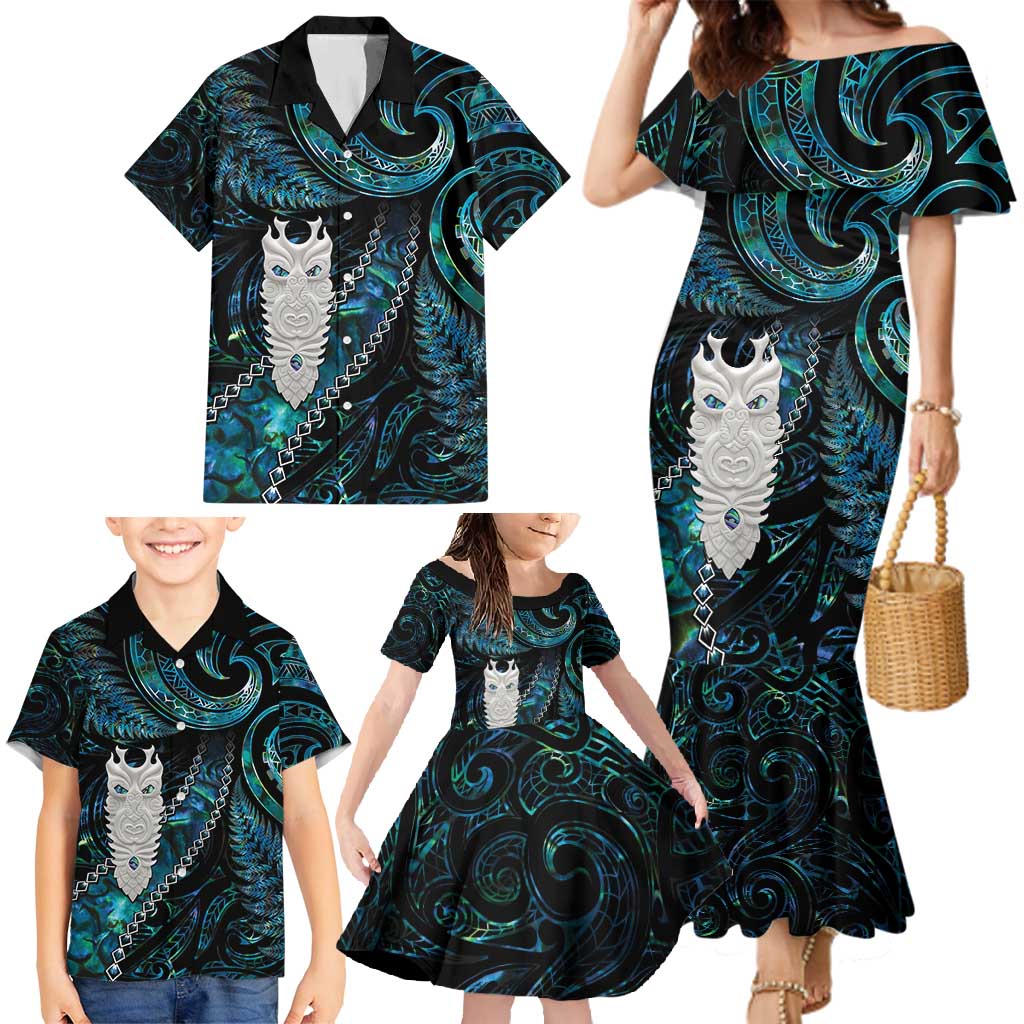 New Zealand Aotearoa Family Matching Mermaid Dress and Hawaiian Shirt Maori Tane Te Waiora Paua Shell Glitter Turquoise