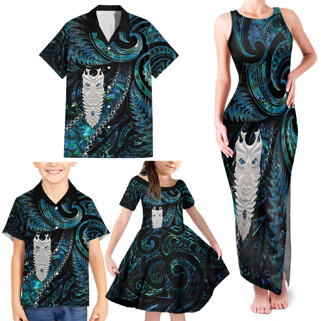 New Zealand Aotearoa Family Matching Tank Maxi Dress and Hawaiian Shirt Maori Tane Te Waiora Paua Shell Glitter Turquoise