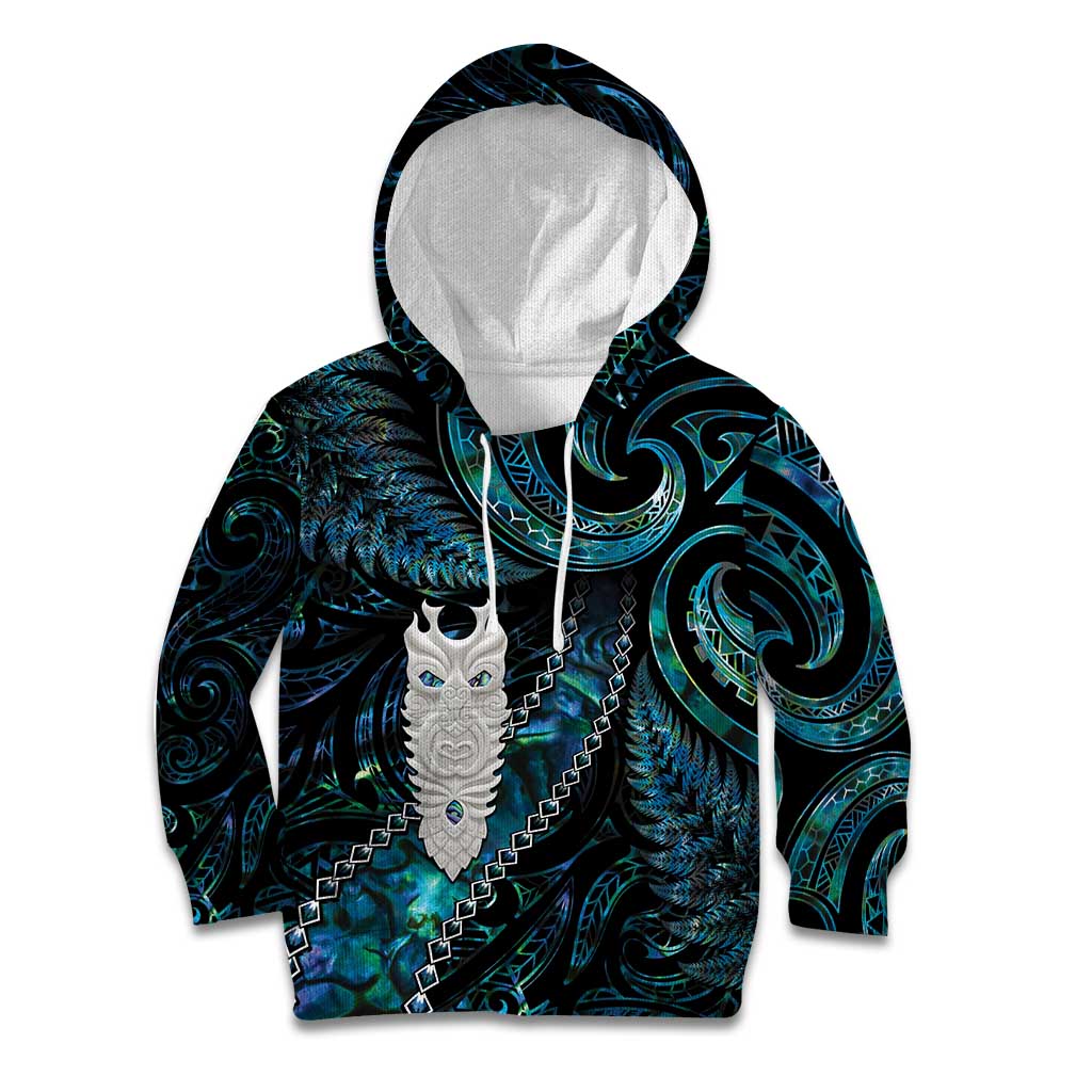 New Zealand Aotearoa Kid Hoodie Maori Tane Te Waiora Paua Shell Glitter Turquoise