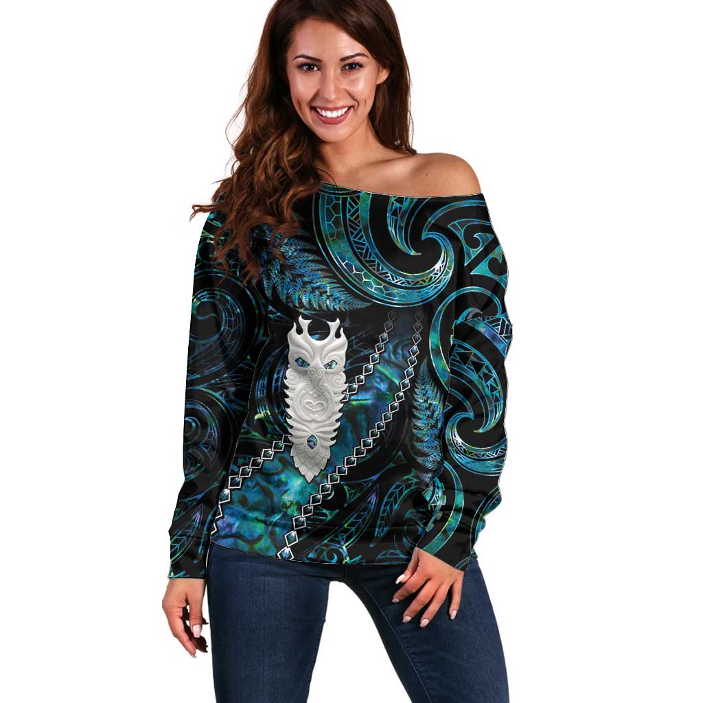 New Zealand Aotearoa Off Shoulder Sweater Maori Tane Te Waiora Paua Shell Glitter Turquoise LT05 Women Turquoise - Polynesian Pride