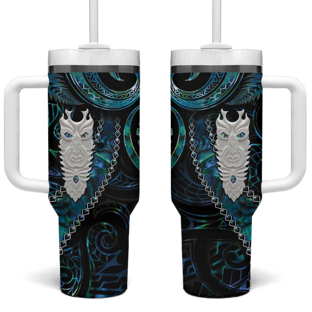 New Zealand Aotearoa Tumbler With Handle Maori Tane Te Waiora Paua Shell Glitter Turquoise LT05 One Size: 40 oz Turquoise - Polynesian Pride