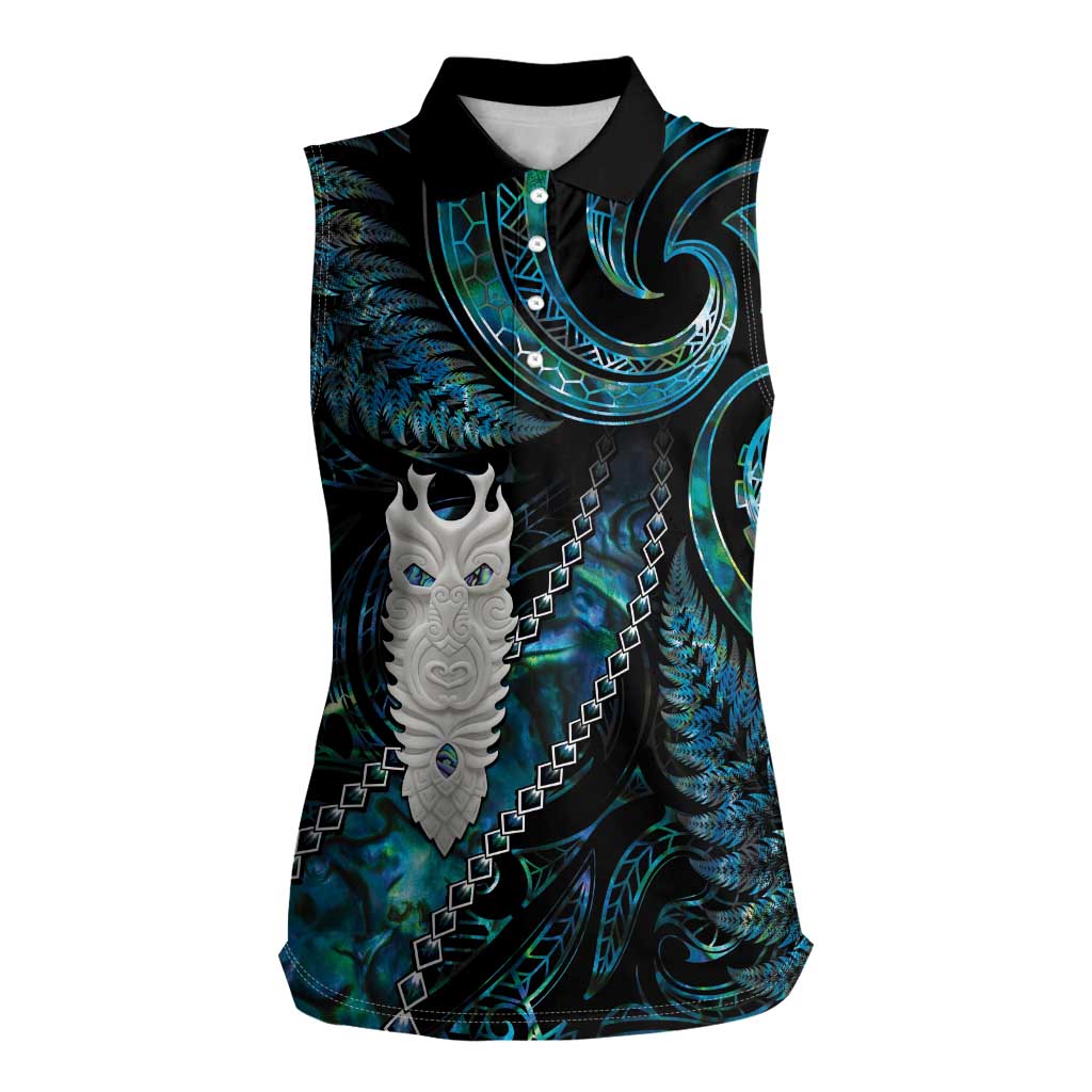 New Zealand Aotearoa Women Sleeveless Polo Shirt Maori Tane Te Waiora Paua Shell Glitter Turquoise