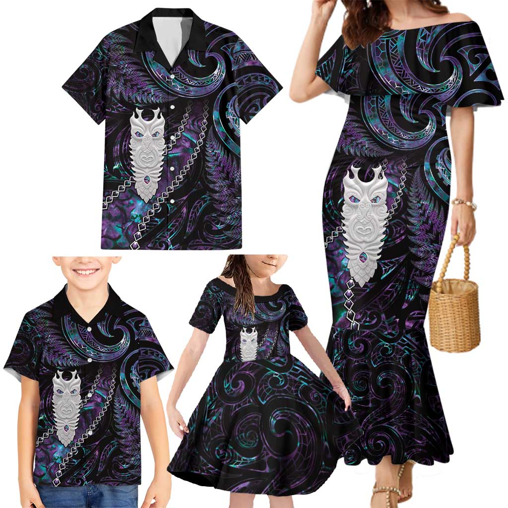 New Zealand Aotearoa Family Matching Mermaid Dress and Hawaiian Shirt Maori Tane Te Waiora Paua Shell Glitter Purple