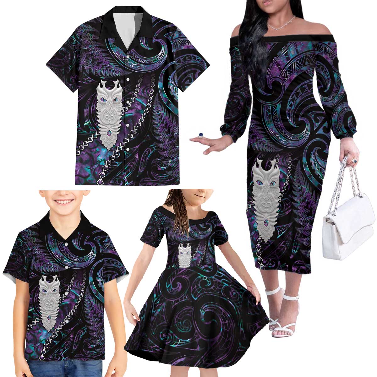 New Zealand Aotearoa Family Matching Off The Shoulder Long Sleeve Dress and Hawaiian Shirt Maori Tane Te Waiora Paua Shell Glitter Purple