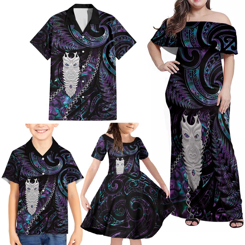 New Zealand Aotearoa Family Matching Off Shoulder Maxi Dress and Hawaiian Shirt Maori Tane Te Waiora Paua Shell Glitter Purple