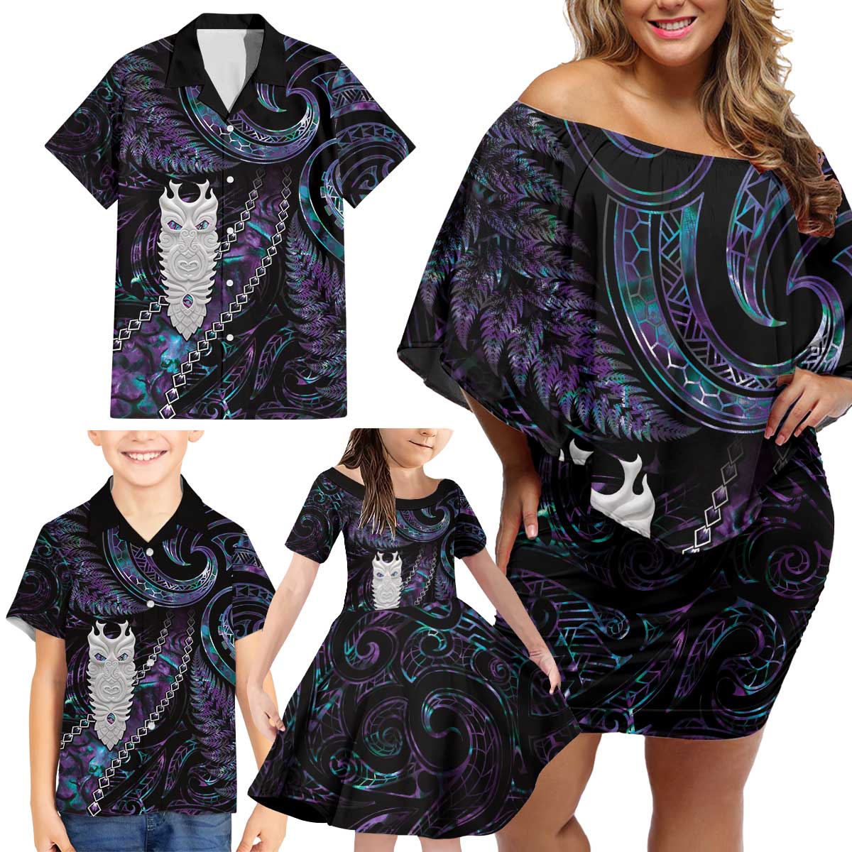 New Zealand Aotearoa Family Matching Off Shoulder Short Dress and Hawaiian Shirt Maori Tane Te Waiora Paua Shell Glitter Purple