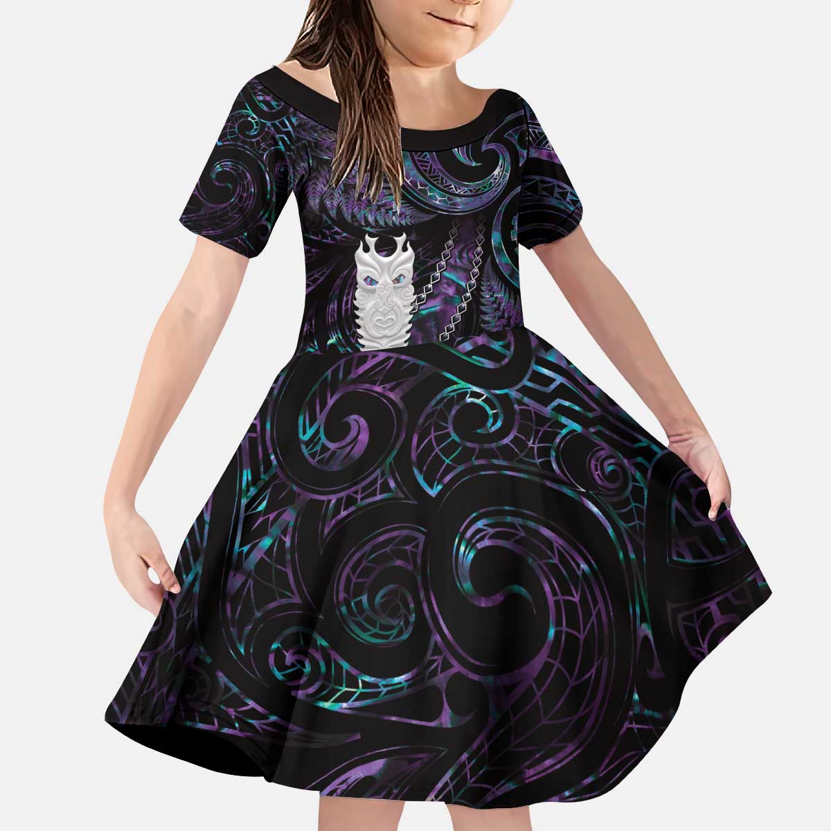 New Zealand Aotearoa Kid Short Sleeve Dress Maori Tane Te Waiora Paua Shell Glitter Purple