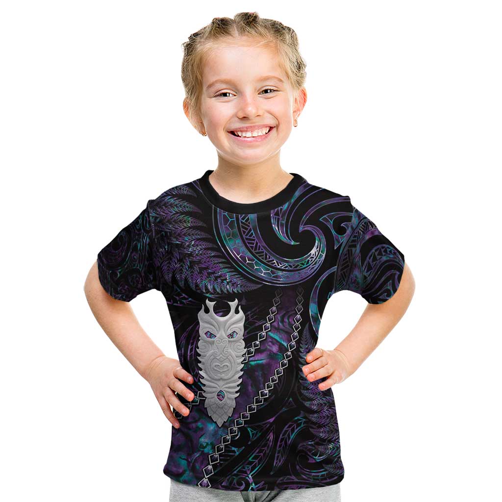 New Zealand Aotearoa Kid T Shirt Maori Tane Te Waiora Paua Shell Glitter Purple