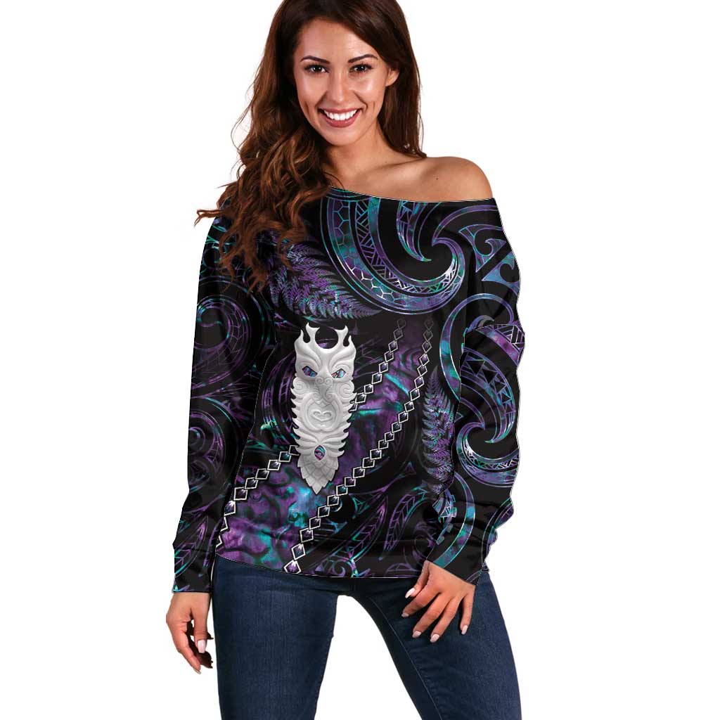 New Zealand Aotearoa Off Shoulder Sweater Maori Tane Te Waiora Paua Shell Glitter Purple LT05 Women Purple - Polynesian Pride