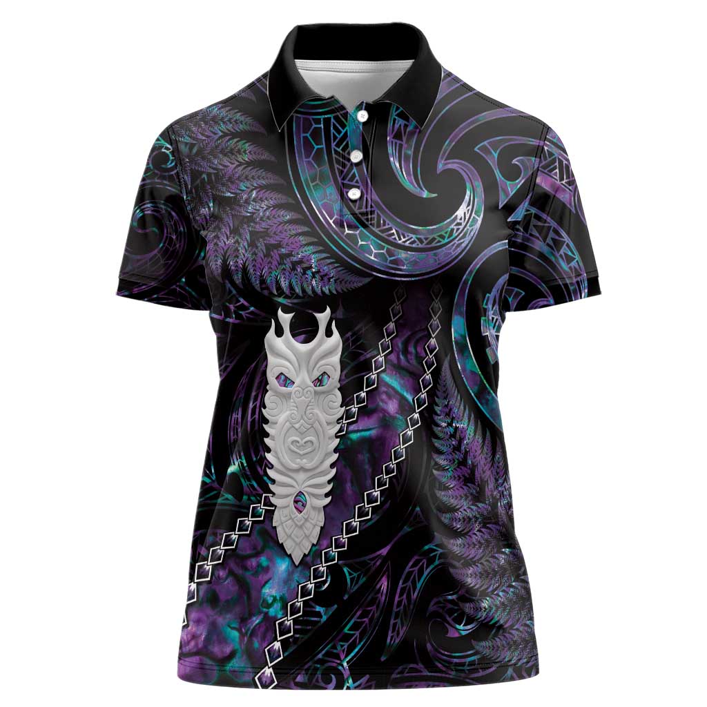 New Zealand Aotearoa Women Polo Shirt Maori Tane Te Waiora Paua Shell Glitter Purple