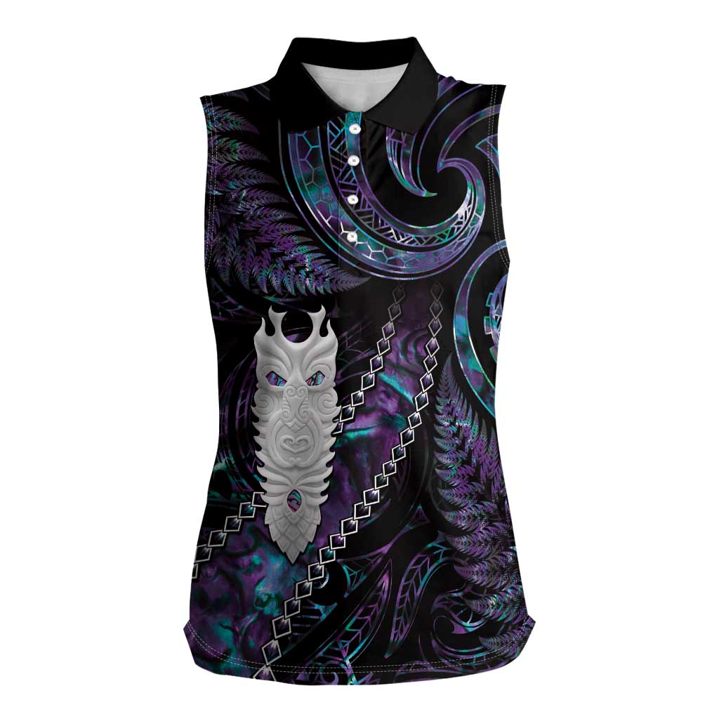 New Zealand Aotearoa Women Sleeveless Polo Shirt Maori Tane Te Waiora Paua Shell Glitter Purple