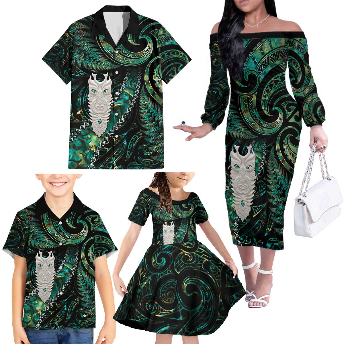 New Zealand Aotearoa Family Matching Off The Shoulder Long Sleeve Dress and Hawaiian Shirt Maori Tane Te Waiora Paua Shell Glitter Green