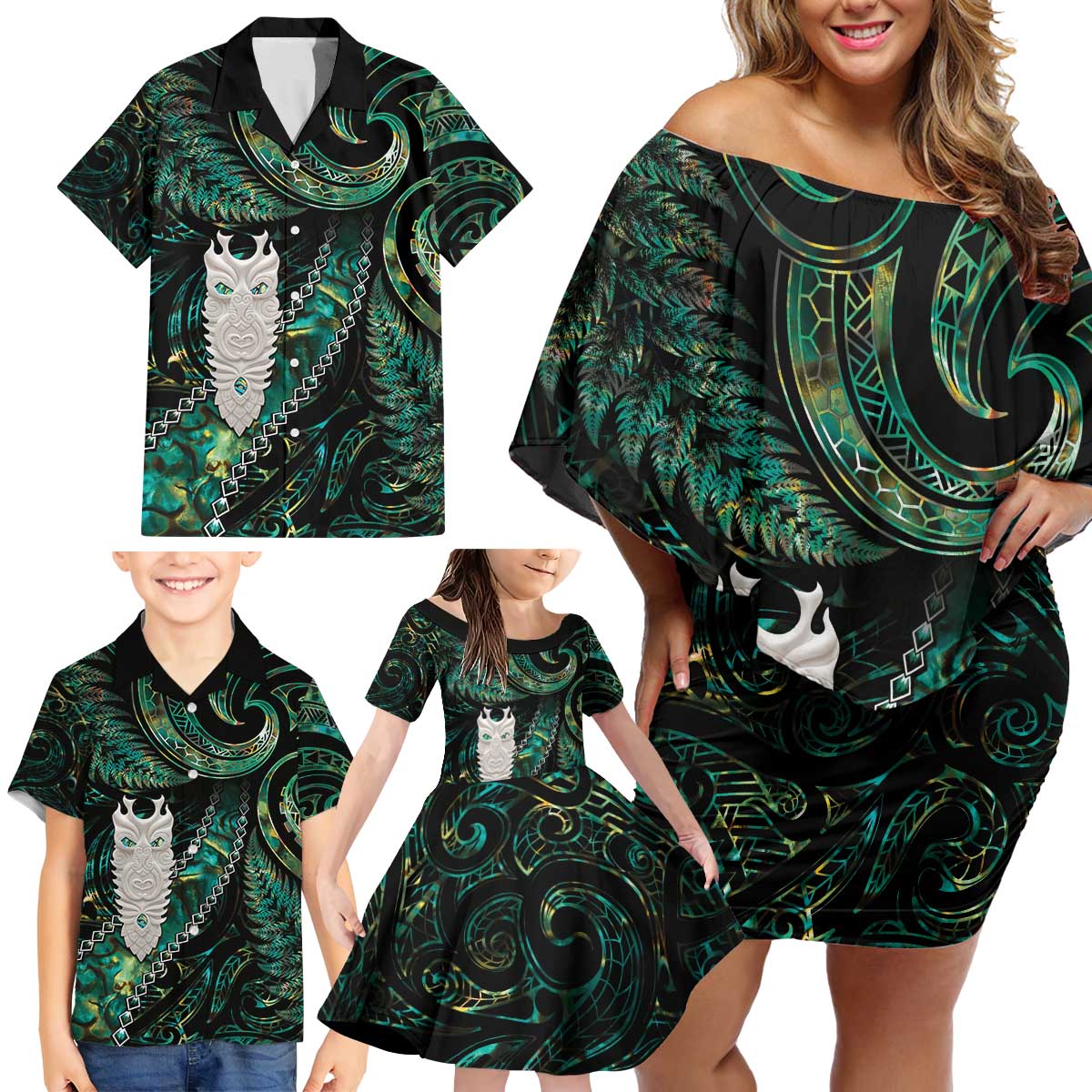 New Zealand Aotearoa Family Matching Off Shoulder Short Dress and Hawaiian Shirt Maori Tane Te Waiora Paua Shell Glitter Green