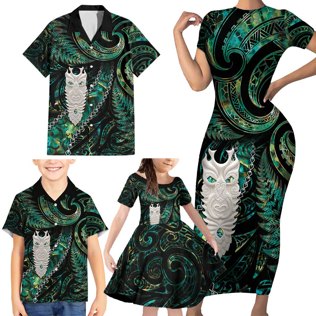 New Zealand Aotearoa Family Matching Short Sleeve Bodycon Dress and Hawaiian Shirt Maori Tane Te Waiora Paua Shell Glitter Green