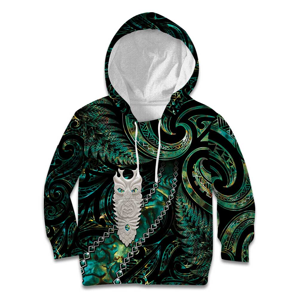 New Zealand Aotearoa Kid Hoodie Maori Tane Te Waiora Paua Shell Glitter Green