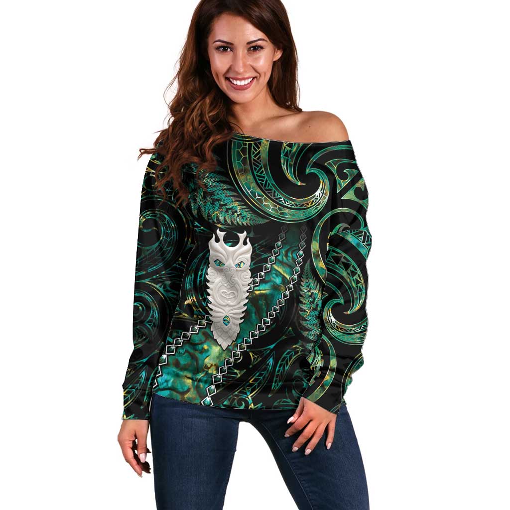 New Zealand Aotearoa Off Shoulder Sweater Maori Tane Te Waiora Paua Shell Glitter Green LT05 Women Green - Polynesian Pride
