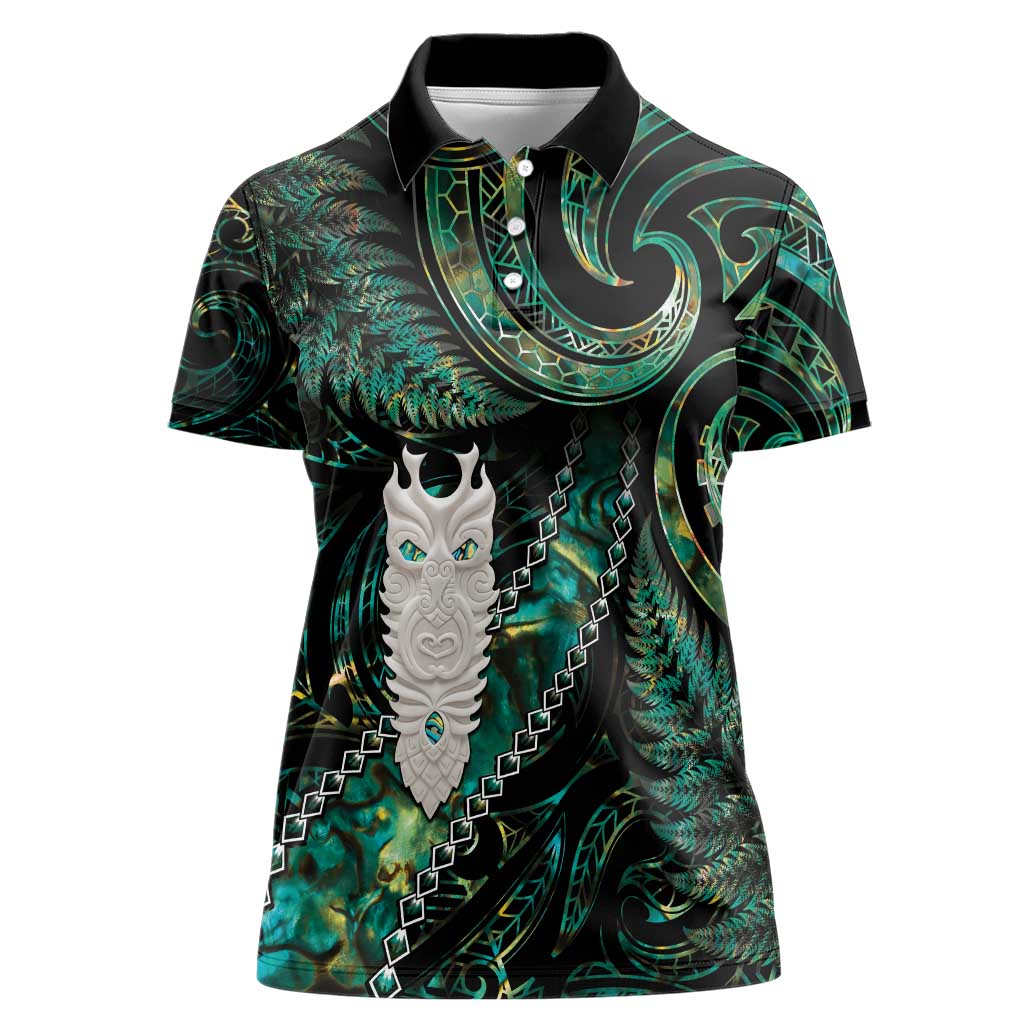 New Zealand Aotearoa Women Polo Shirt Maori Tane Te Waiora Paua Shell Glitter Green LT05 Female Green - Polynesian Pride