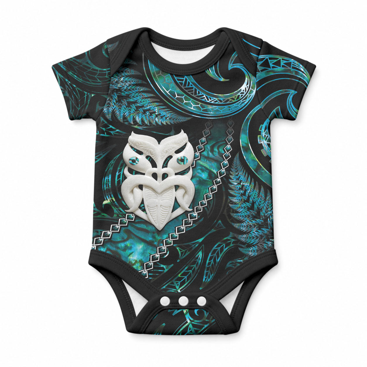 New Zealand Aotearoa Baby Onesie Maori Wheku Paua Shell Glitter Turquoise LT05 Turquoise - Polynesian Pride