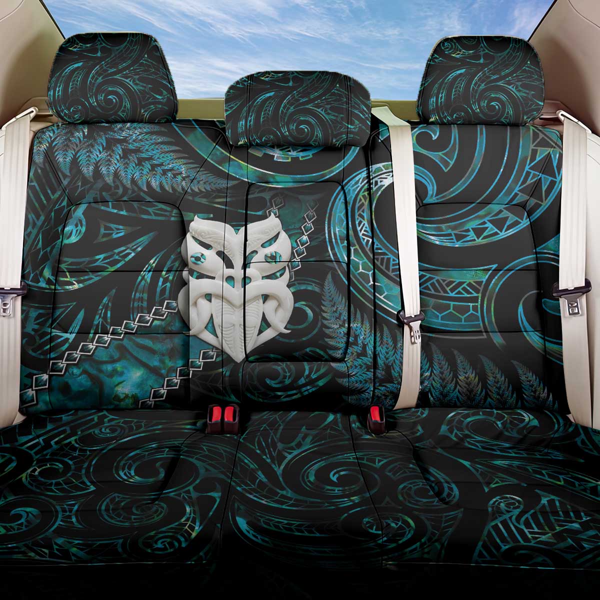 New Zealand Aotearoa Back Car Seat Cover Maori Wheku Paua Shell Glitter Turquoise LT05 One Size Turquoise - Polynesian Pride